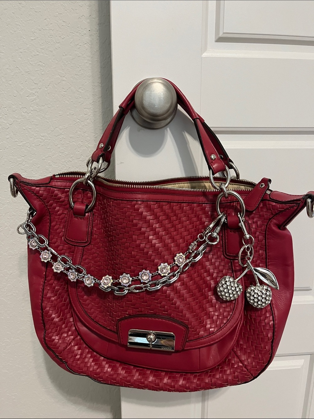 COACH-KRISTIN Red Woven #19312 Leather Hobo Handbag